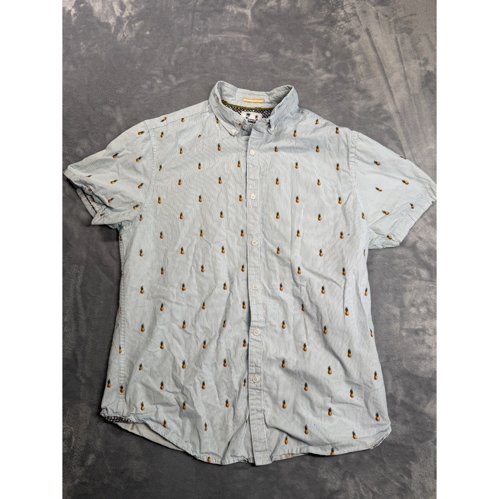Denim & Flower Shirt Men M White Blue Striped Pineapple Print Cotton Button Down